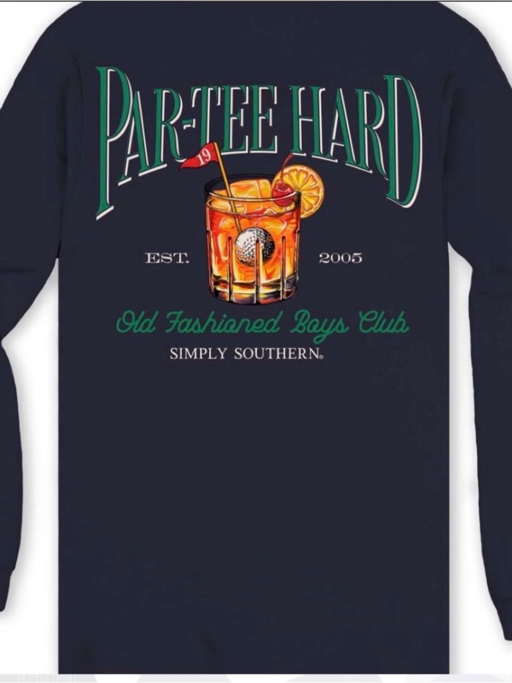 Simply Southern Navy Long Sleeve 'Par-Tee Hard' Tee with Orange Cocktail Graphic
